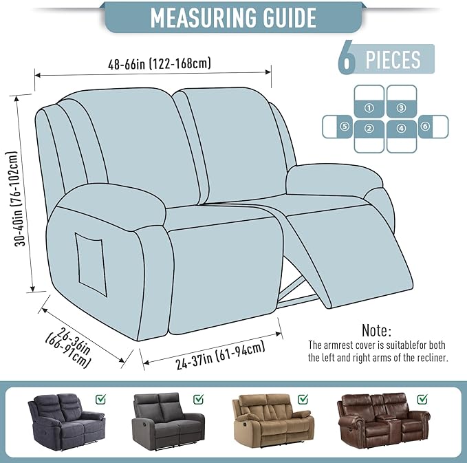 TAOCOCO Recliner Loveseat Slipcover, 6 Pieces Dual Recliner Sofa Covers