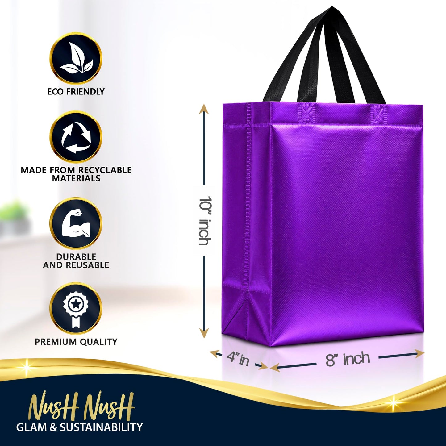 Nush Nush Shiny Purple Gift Bags Bulk, Set of 30 - Reusable Medium Gift Bags with Handles - Purple Goodie Bag Perfect for Halloween, Holidays, Birthday Party Favor, Small Business, Events - 8Wx4Dx10H