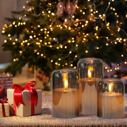 KunSwenn Glass Flameless Candles, Striped Glass Flameless Candles with Remote, Set of 3 Battery Operated Candles with Flickering 3D Wick, LED Pillar Candle for Home Halloween Decor(Grey, D3”xH4”5”6”)