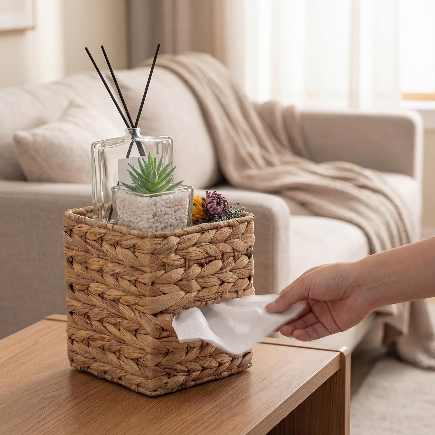 BrightRow Water Hyacinth Tissue Box Cover with Storage Tray, Rattan Wicker Box Holder Boho Handwoven Napkin Organizer for Desktop, Nightstand and Bathroom, Natural Modern Home Decor
