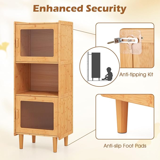 Giantex Bamboo Storage Cabinet, 3-Cube Bookcase, Freestanding Liquor Display