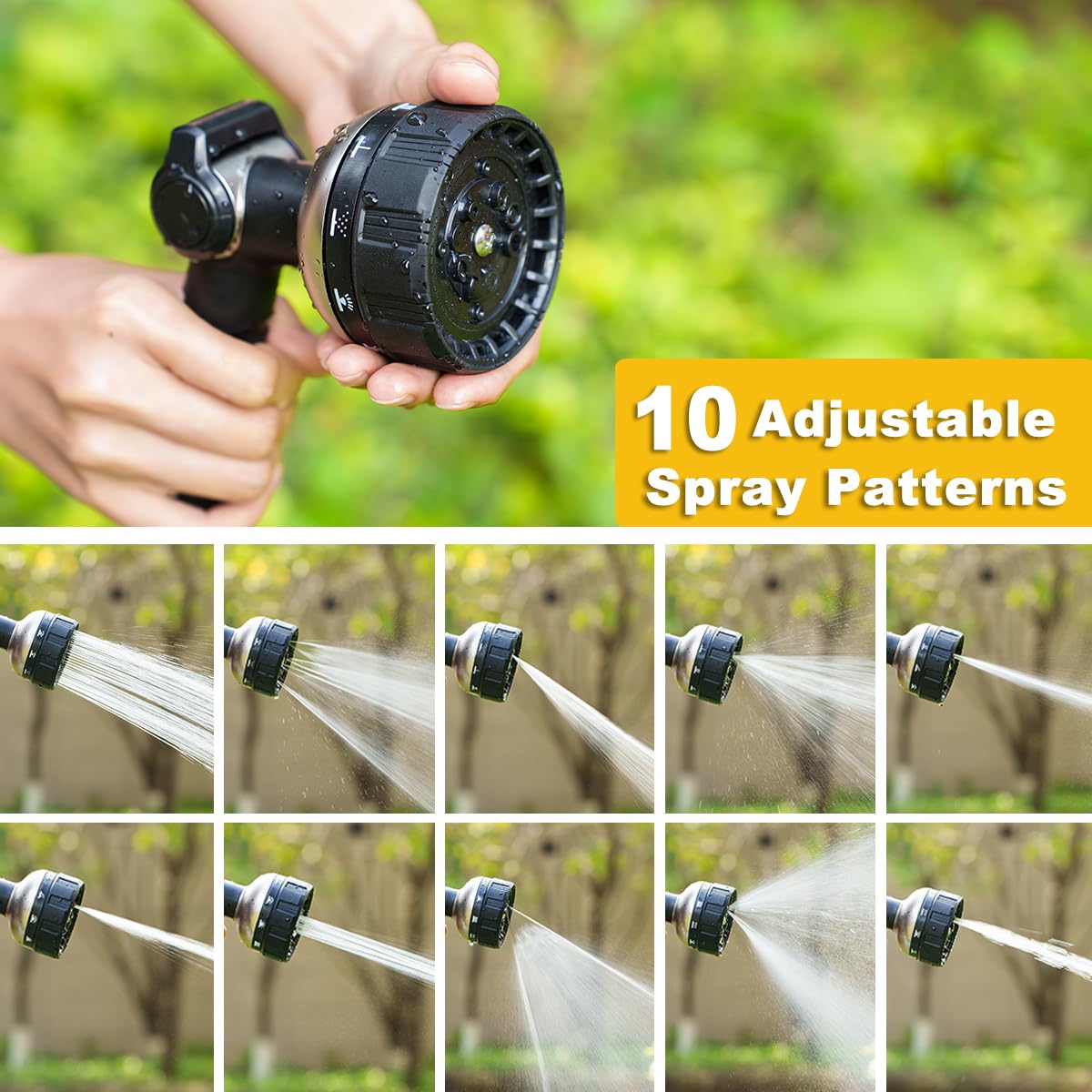 FANHAO Heavy Duty Garden Hose Nozzle, 100% Metal Water Hose Sprayer with 10 Spray Patterns, High Pressure Thumb Control On/Off Valve Water Nozzle for Plants Watering, Car & Pet Washing