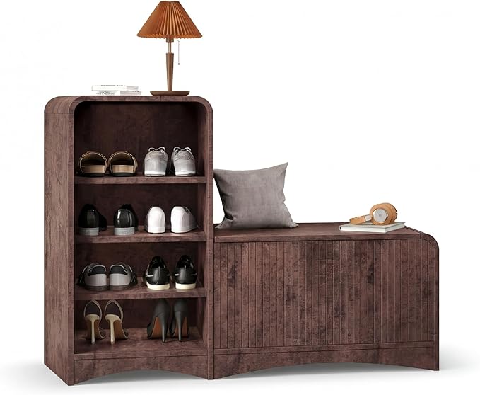 Shoe Cabinet with Bench, L-Shaped Shoe Storage Cabinet, Wood Tall Shoe Rack