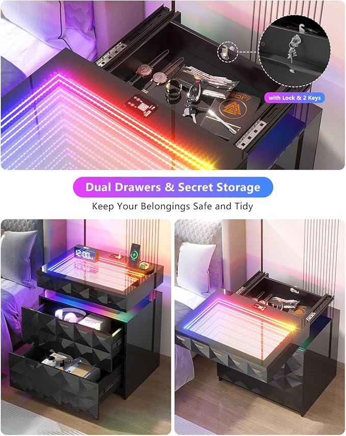 HWB Nightstand with RGB Lights, 3 Drawers Night Stand with Hidden Storage