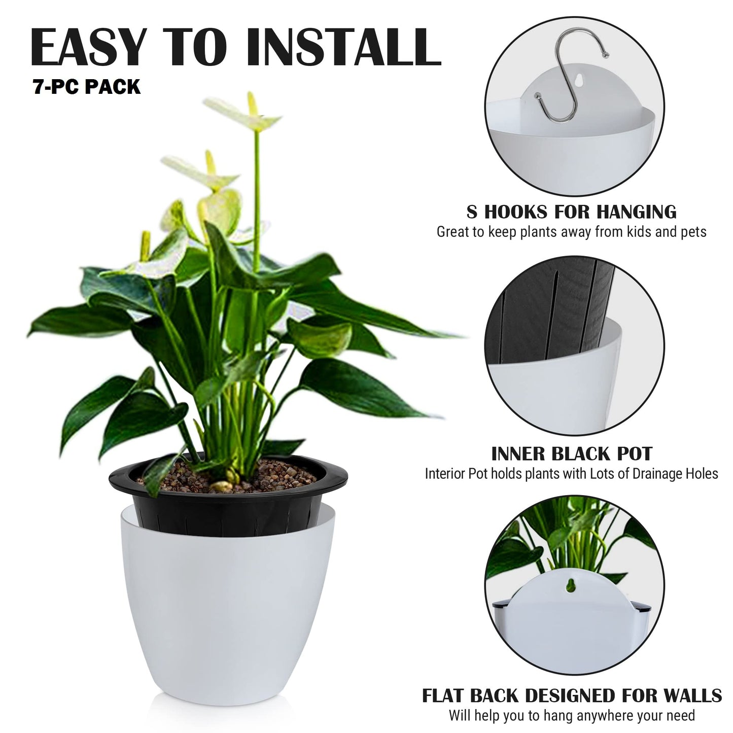 ShoppeWatch Wall Planters for Indoor Plants 7 Pack | Hanging Planters Large 7 Inch with Hooks | Wall Pots for Plants | 7.28 x 6.1 inches - PL35