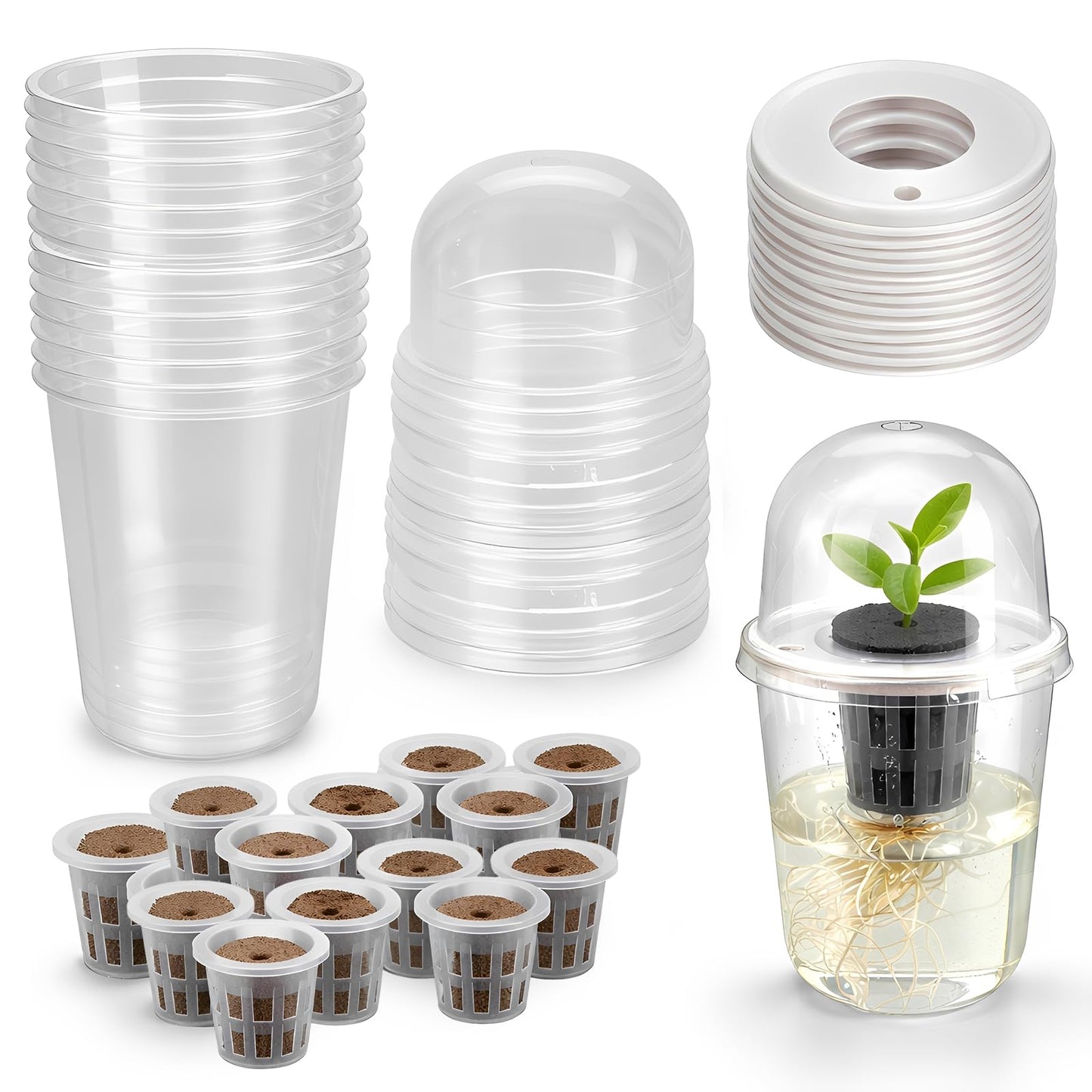 ROIKETU 12 Pack Transparent Hydroponic Cups with Humidity Domes,Hydroponic Growing System for Seedlings,Seed Starting Cups for Seed Starting,Root Monitoring
