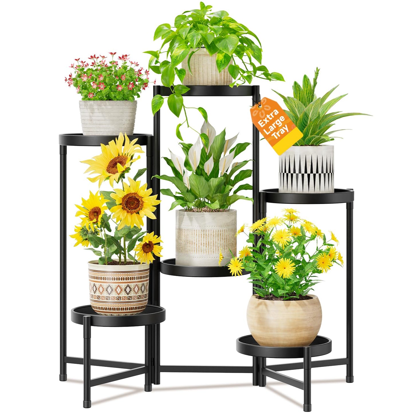 LASZOLA 6 Tier Large Plant Stand Indoor Tall with 10 Inch Metal Tray, Corner Folding Flower Display Rack, Modern Plant Holder Shelf for Outdoor Patio Porch Garden Office Living Room, Black