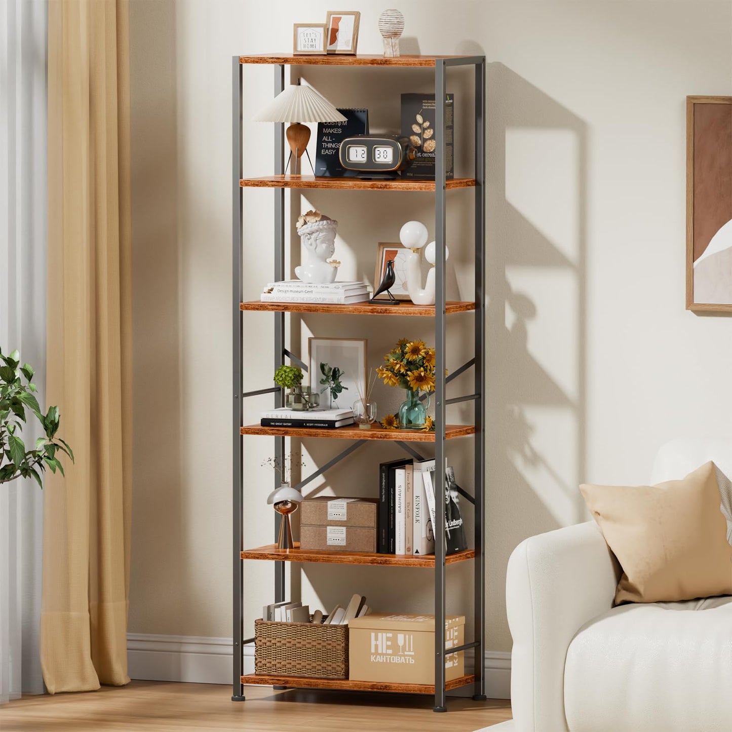 Furologee 6 Tier Book Shelf, Tall Wide Bookshelf, Industrial Open Bookcase, Display Shelves Storage Organizer, Shelving Unit for Living Room, Home Office, Bedroom, Rustic Brown