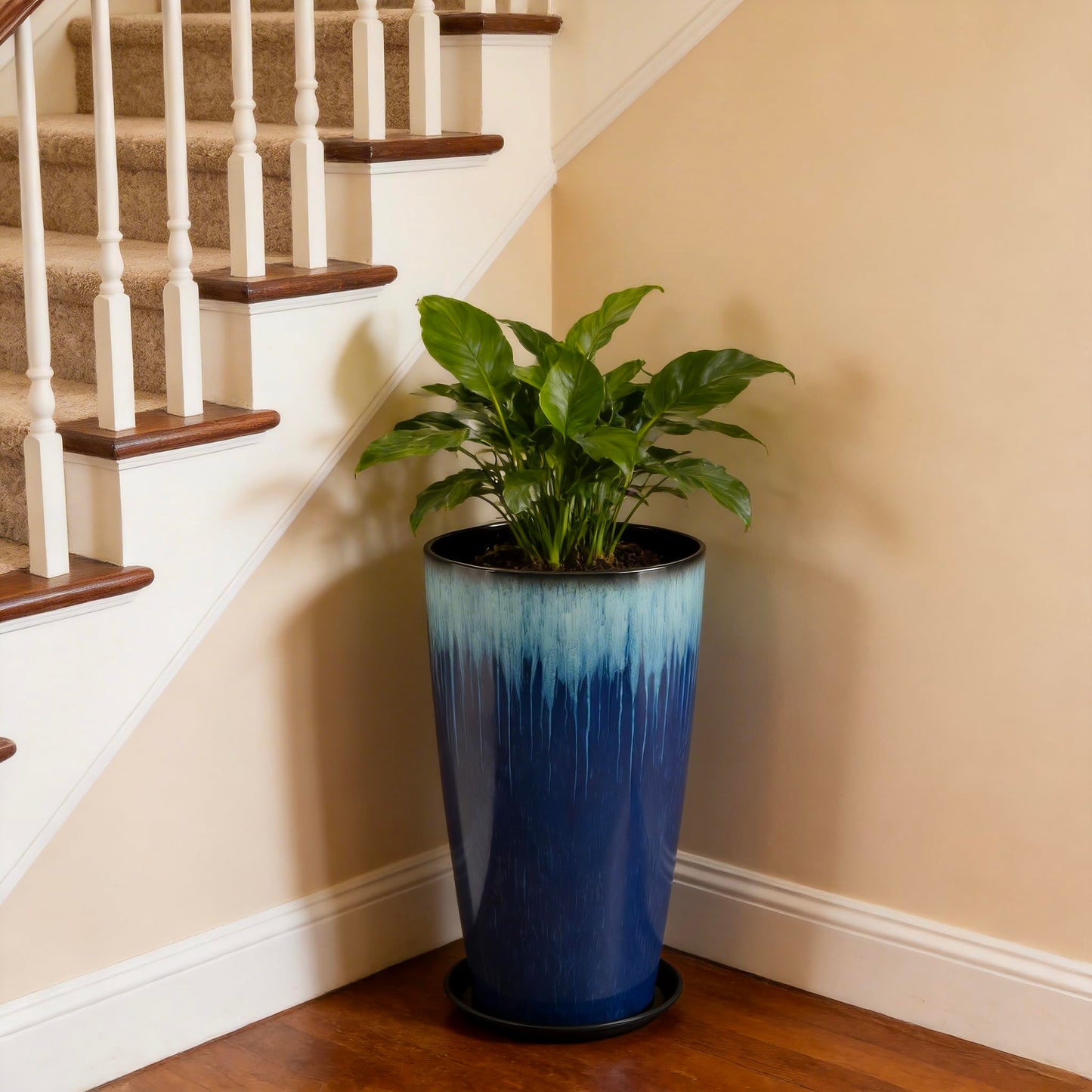LESOASIS 21 inch Tall Planter, Set of 2 Tall Planters for Outdoor & Indoor Plants, Large Outdoor Planters for Front Porch, Patio, Garden (Blue Flowing Glaze)