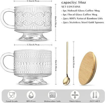 INSETLAN Vintage Glass Coffee Mugs 14 oz Set of 2, Embossed Overnight Oats Containers with Bamboo Lids and Spoons, Glass Coffee Cups for Tea, Cappuccino, Latte, Cereal and Yogurt, Gifts for Women