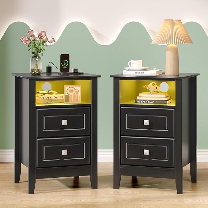 Bonnlo Black Nightstand Set of 2