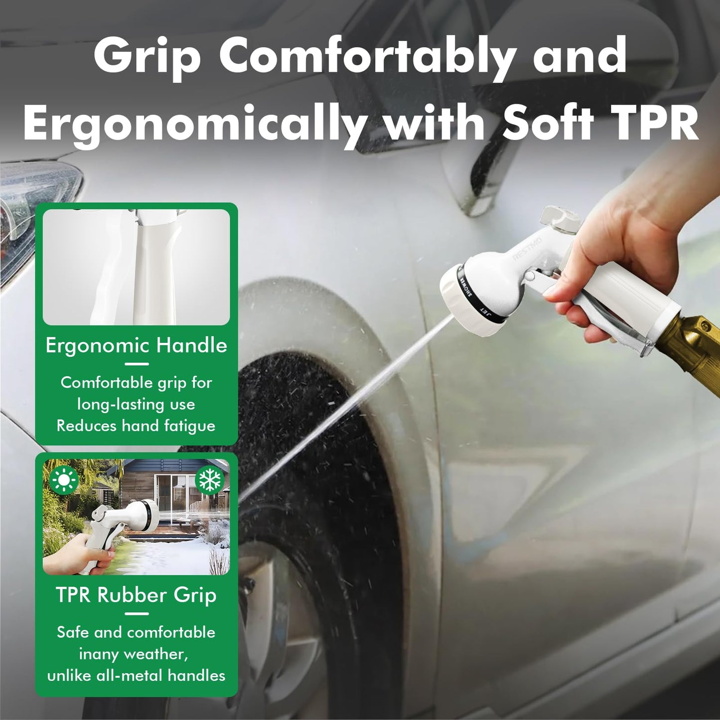 RESTMO Garden Hose Nozzle, Heavy Duty Metal Water Hose Nozzle with 7 Adjustable Spray Patterns, High Pressure Hand Sprayer with Flow Control, Best for Watering Plant & Lawn, Washing Car & Pet, White