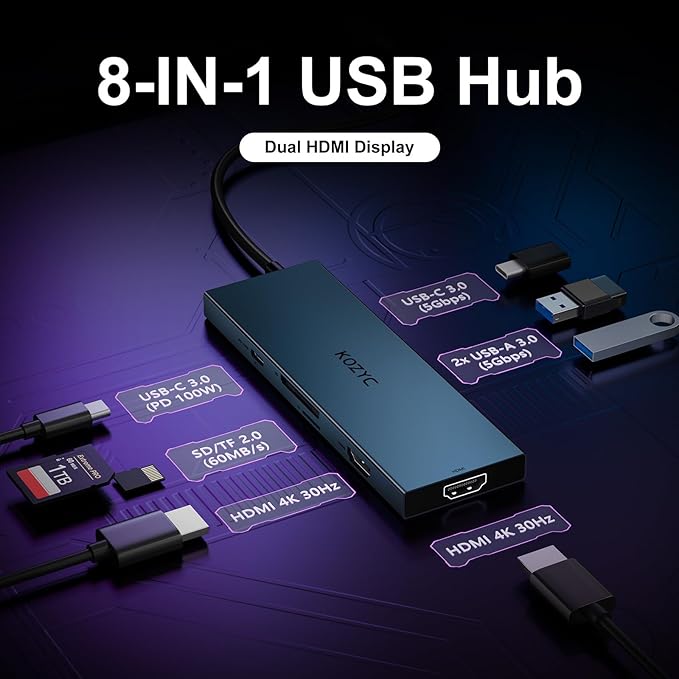 KOZYC USB C Docking Station Dual Monitor, 8-in-1 USBC Hub with 2 HDMI Ports, USB-C 3.0, 2xUSB-A 3.0, SD/TF, 100W PD, Compatible with HP, Dell