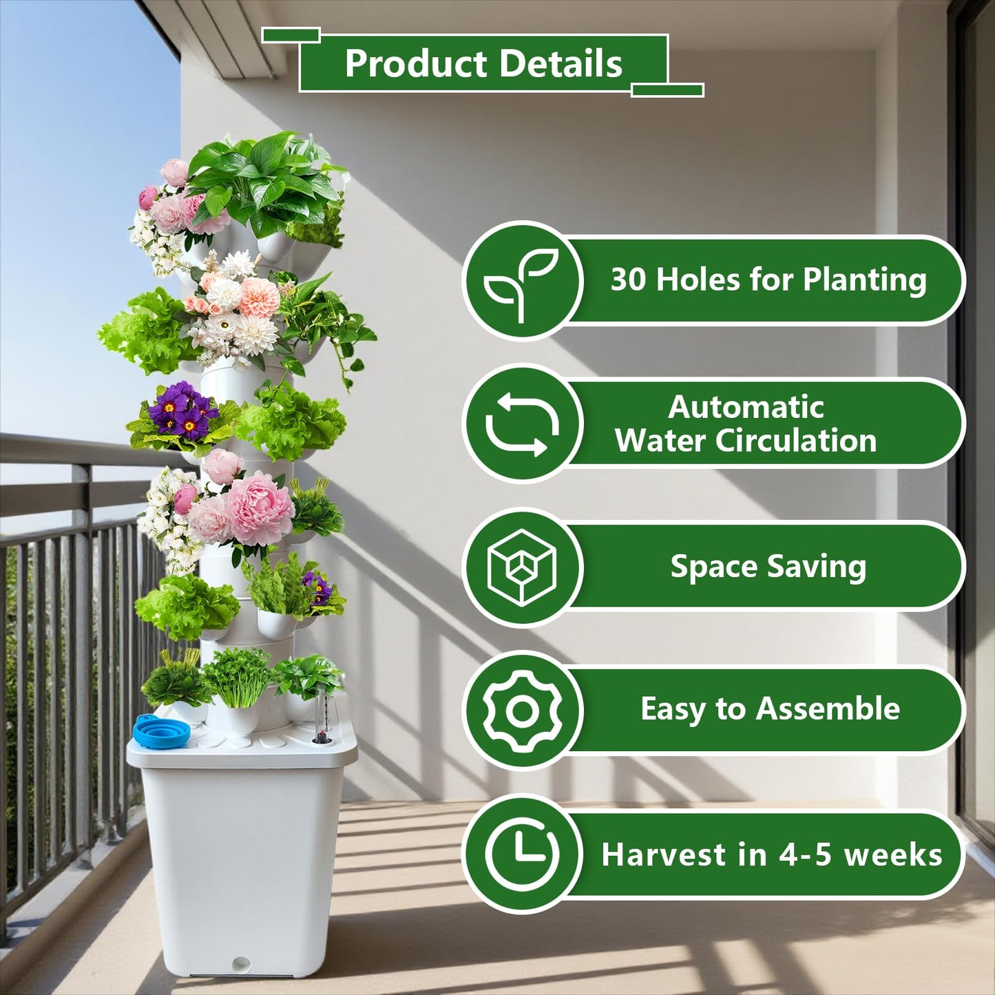 chicify 30 Plants Hydroponic Tower, Hydroponics Growing System Tower, Hydroponics Tower with Timer Automatic Watering, Vertical Hydroponic Tower, Planter Germination Kit for Herbs Vegetables Fruits
