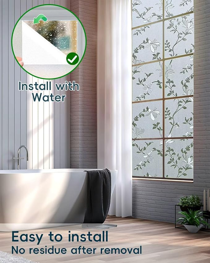 Frosted Glass Window Film with Elegant Flower Design, Bathroom Window Privacy Film for Glass Windows Cover, Static Cling, Removable, Reusable, Anti-UV, Anti-Glare, 45.2 Inch * 157.4 Inch