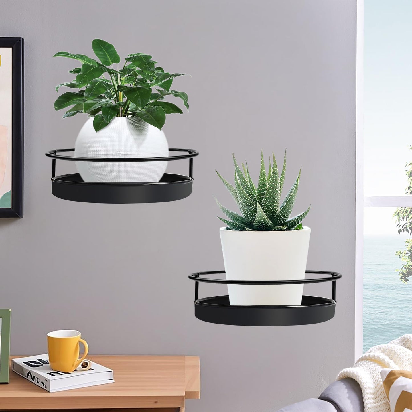 Wall Mounted Plant Holder, 2 Pack Metal Flower Pot Wall Shelf Indoor Outdoor, Decorative Floating Shelves Hanging Plant Holder for Patio Balcony Porch Bedroom Home Decor, Black