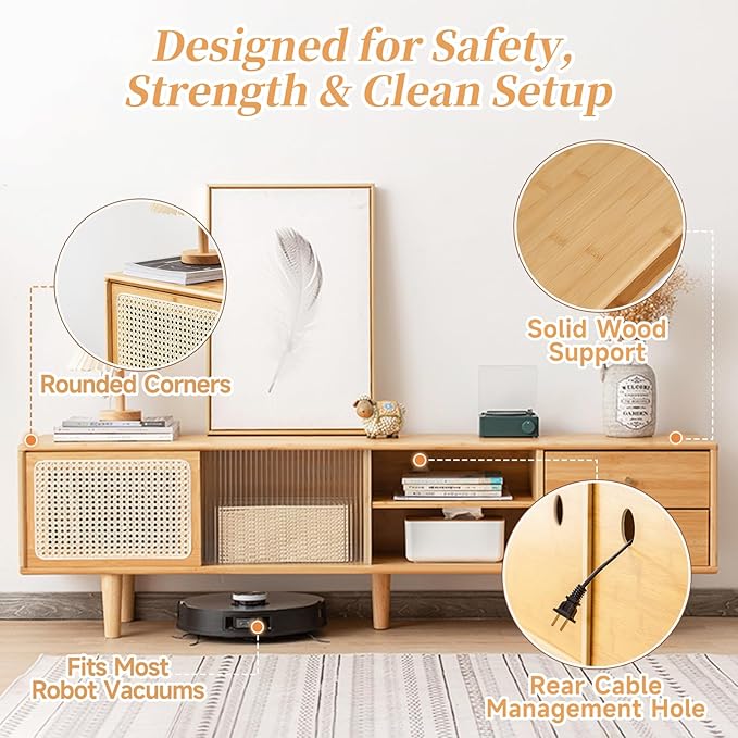 Tiita Rattan TV Stand for 55 60 Inch TV, Bamboo TV Cabinet