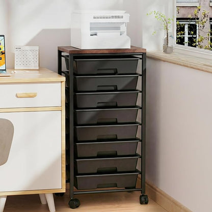 Rolling Cart with 8 Drawers, Storage Drawers Cart with Wooden Tabletop and Lockable Wheels, Craft Storage for Living Room, Office, Classroom, Craft Room, Bedroom (Black)