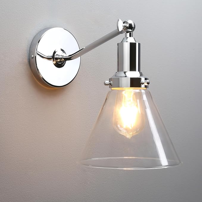 PERMO Industrial Vintage Slope Pole Wall Mount Single Sconce with Funnel Flared Clear Glass Shade Chrome Wall Sconce Light Fixtures