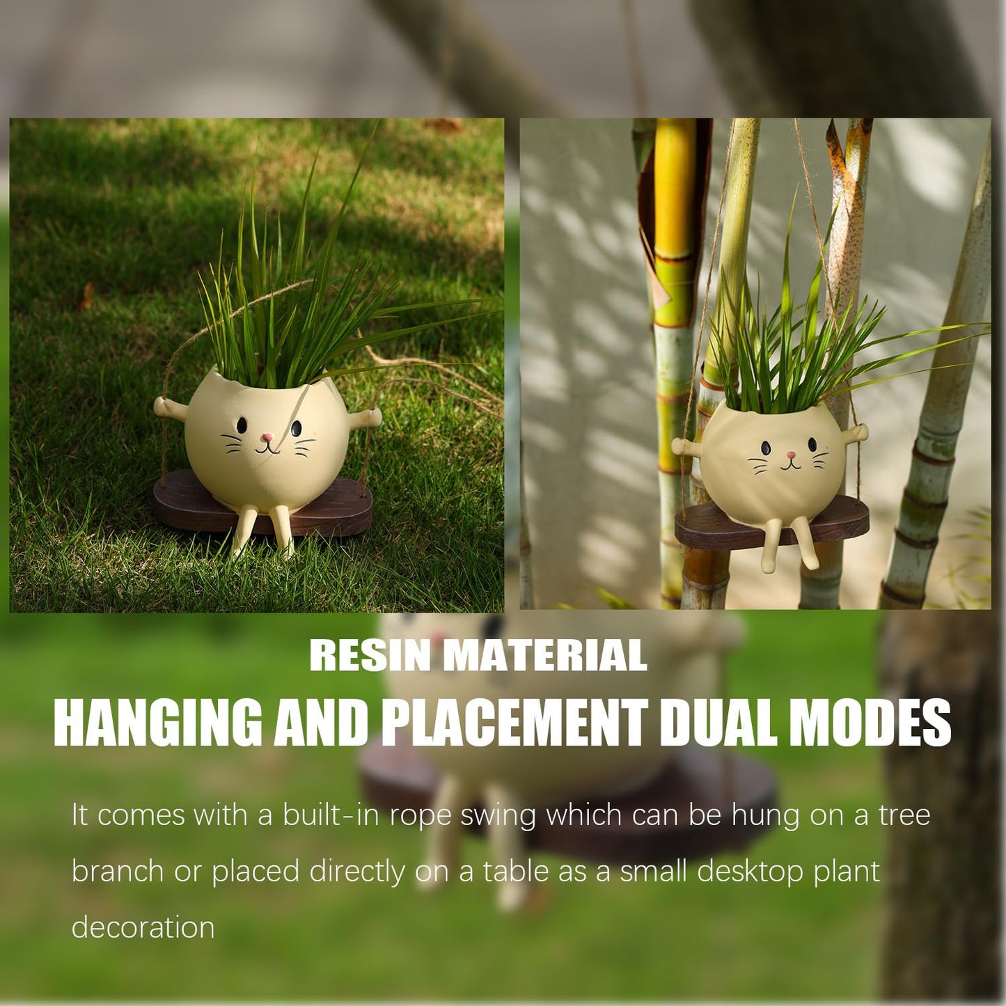 Swing Cat Hanging Planter, Resin Cute Cat Succulent Pot, Dual-Use Indoor Outdoor Plant Holder, Creamy Yellow Swing Flower Pot, Adorable Hanging Planter for Small Plants