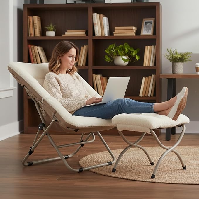 Tiita Folded Chair with Ottoman, Soft Faux Fur Oversized Folding Accent Chair