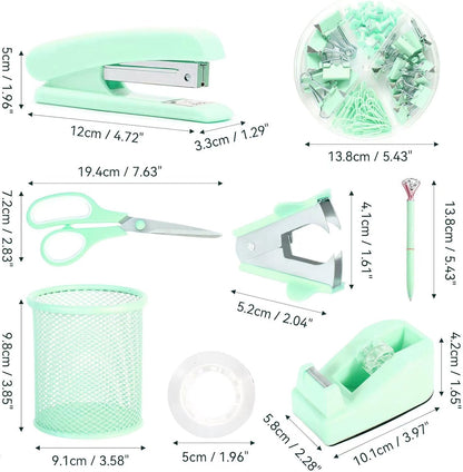 Green Desk Accessories, Pink Office Supplies Set with Stapler, Tape Dispenser, Staple Remover, Pen Holder, Scissor, Binder/Paper Clips, Ballpoint Pen, Clear Tape and 1000pcs Staples