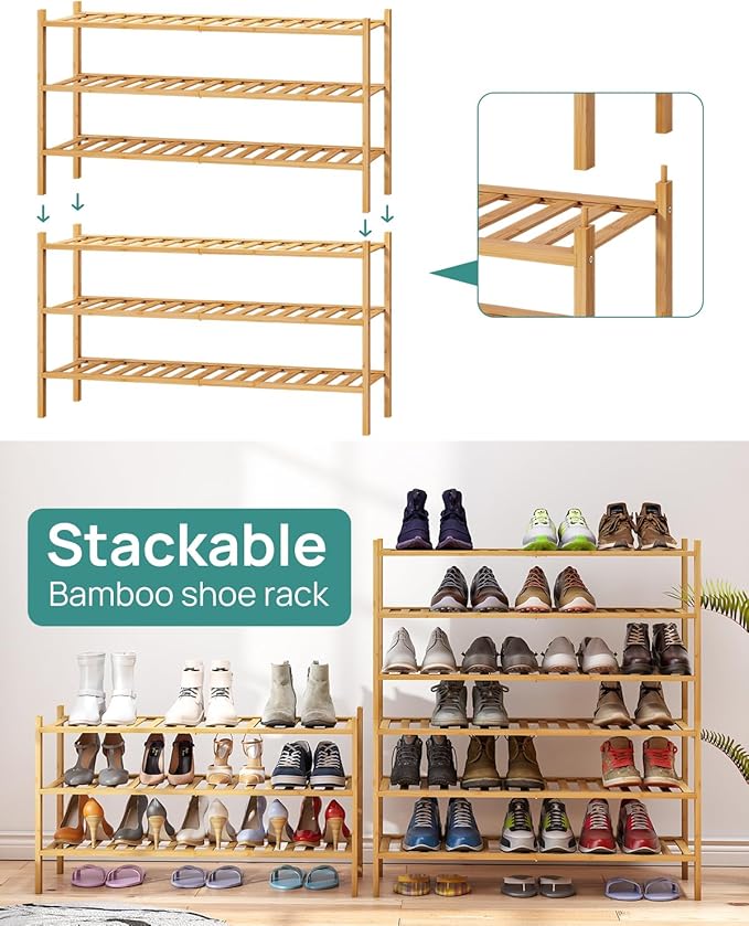 viewcare 3-Tier Long Shoe Rack, Bamboo Wood Shoe Rack