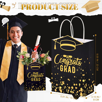 Geyoga 24 Pcs Graduation Gift Bags Bulk with Handles Class of 2026 Congrats Grad Party Favor Paper Bags Black and Gold Treat Goodie Bag for College High School University Gift Wrapping Supplies