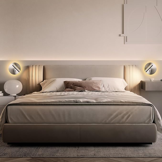 Round Wall Mount Reading Light for Bed Bedside, Modern Hardwired Sconce with on off Switch for Bedroom, Brushed Nickel Wall Sconce Mounted Beside Reading Lamp, Decorative Wall Night light (Silver)