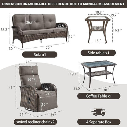 5 Piece Patio Furniture Set with Swivel Recliner Chair - Removable Outdoor Patio Couch Set, Chaise Lounge Chair Outdoor with Adjustable Backrest and Footrest and Coffee Table for Casual Gathering