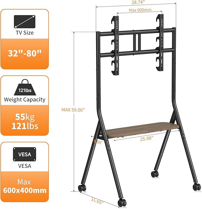 XINLEI Easel Rolling TV Stand for 32-80 Inch TV up to 121lbs, Mobile Portable
