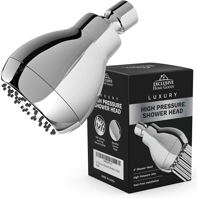 High Pressure Shower Head - Powerful Deluxe Bathroom Showerhead with Strong Spray Stream and Small Silicone Nozzles - Universal Fit Works with High and Low Water Flow Showers (Chrome)-1.8 GPM