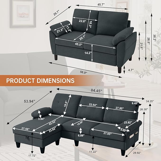 84" Convertible Sectional Sofa Set, 3 Seat L Shaped Couch