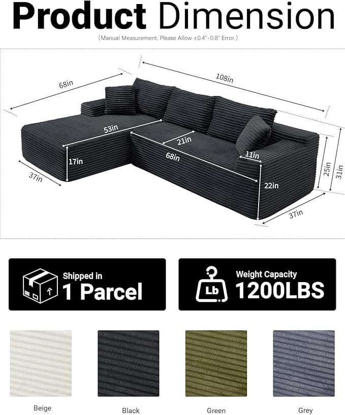 108 Inch Cloud Sectional Couch, Modern Modular Sectional Sofa
