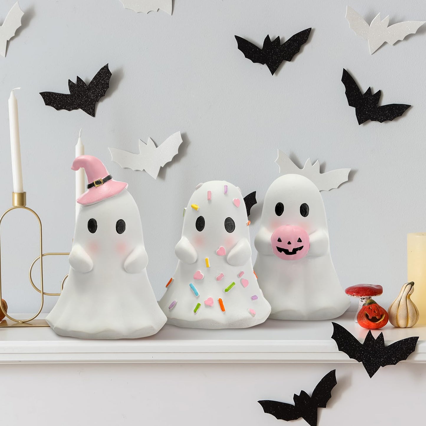 Yousoontic 3 Pcs Pastel Halloween Ghost Figurines Pink White Cute Ghost Summer Halloween Table Decor Tiered Tray Decorations Pastel Resin Statue Centerpieces for Home Mantel Tabletop Desk Party Office