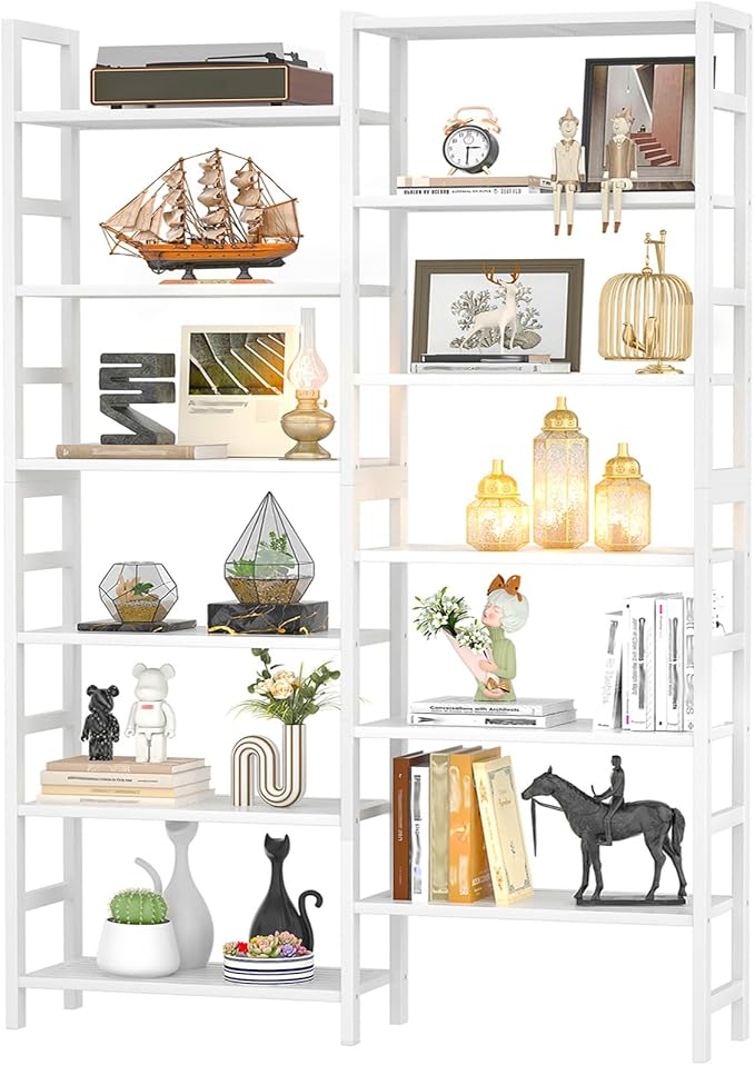 Homykic Double Wide Bamboo Bookshelf White, 6-Tier Large Open Bookcase