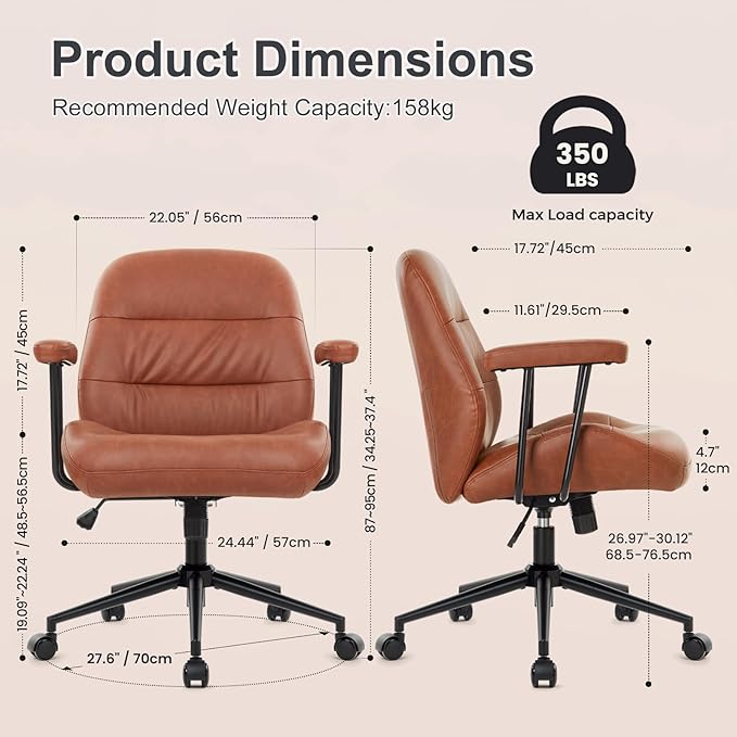 IWMH Leather Office Chair with Removable Armrests，Mid-Back Ergonomic Desk Chair