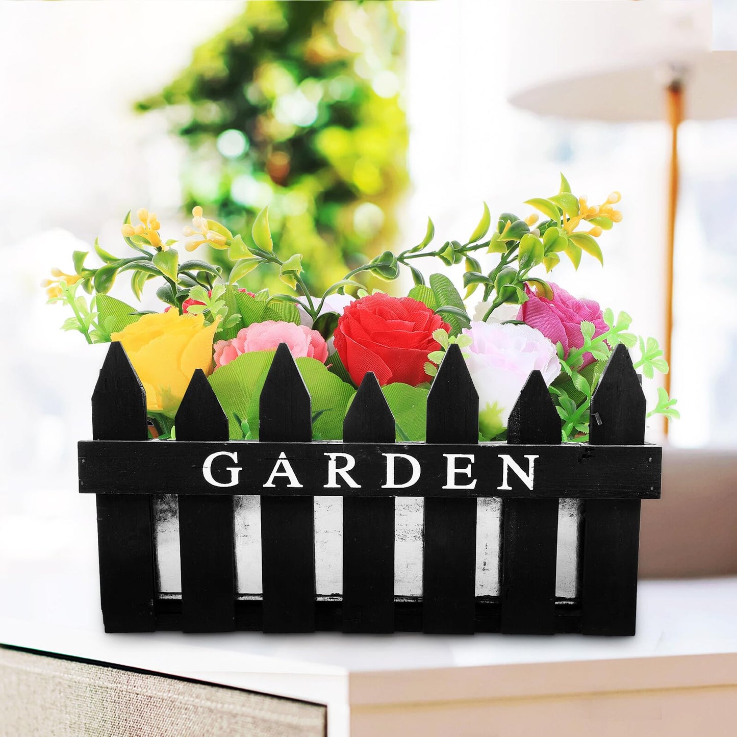 BESTonZON Wood Fence Flowerpot Planter with Fence Design, Rectangular Black Wood Plant Pot for Balcony and Outdoor Garden Decoration, Rustic Pastoral Style Flower Box