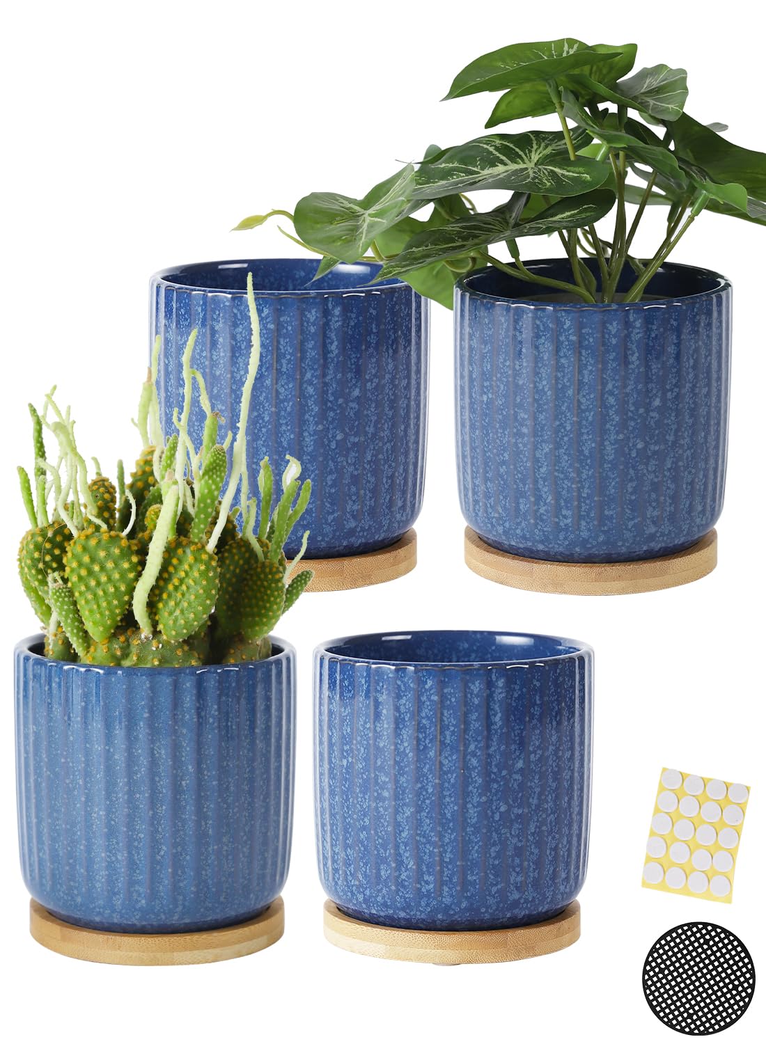 BABALIU 4 Inch Ceramic Plant Pots with Saucer & Drainage Hole, Cylinder Reactive Glaze Blue Vertical Stripes Planters with Trays for Herbs, Cactus, Flower, Small Snake Plants, Succulents, Set of 4