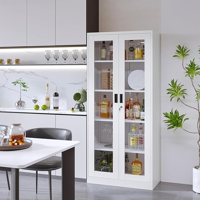 Glass Display Cabinet With Doors, 4 Adjustable Shelves