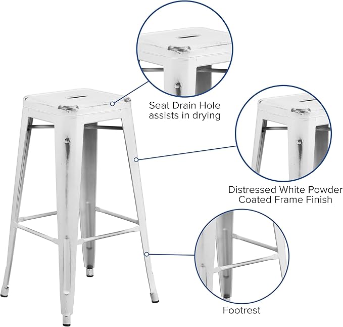 Flash Furniture Kai Commercial Grade 30" High Backless Distressed White Metal