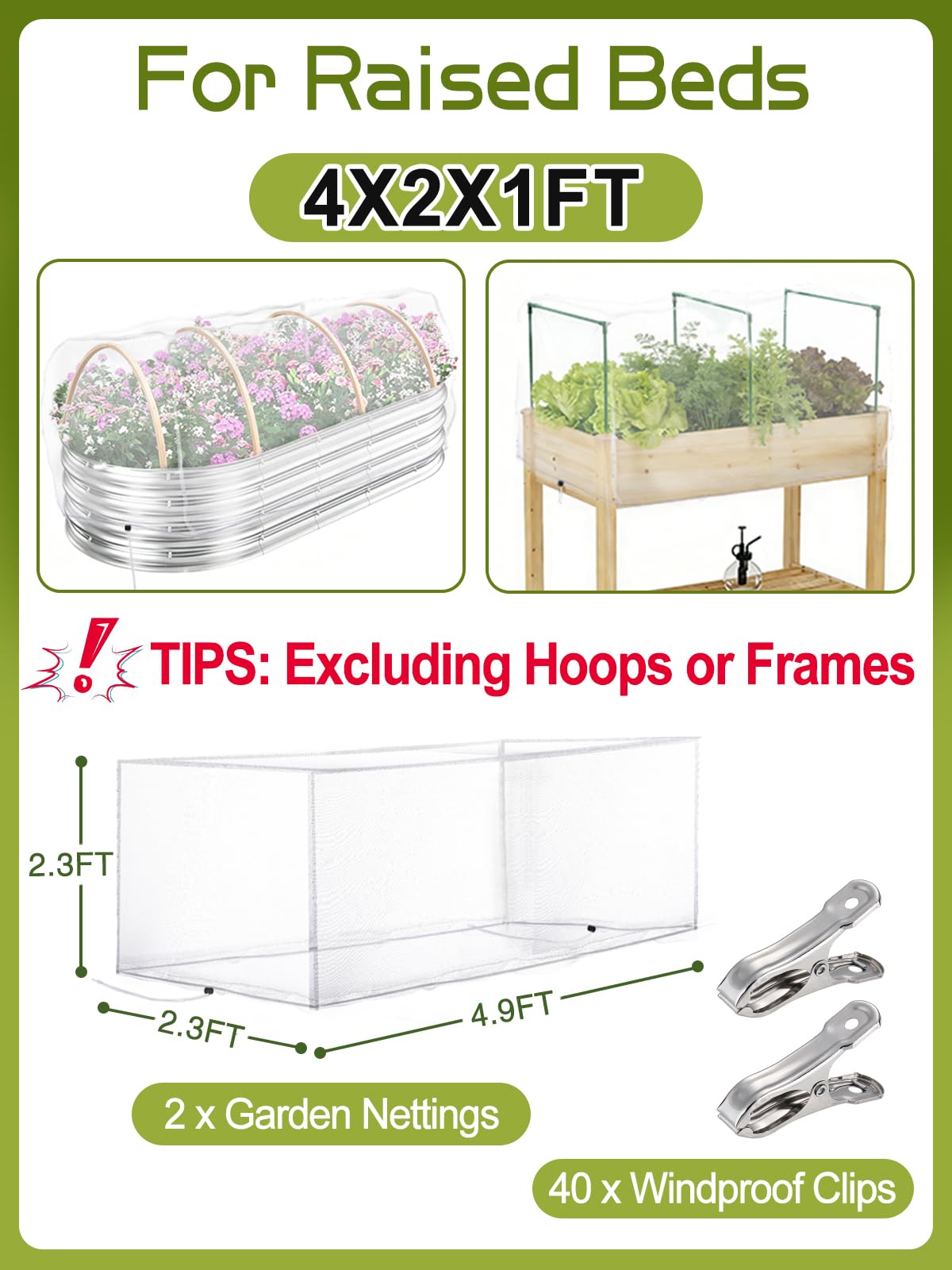 2 pcs Windproof Garden Netting for Raised Beds (4ft L x 2ft W x 1ft H) - 60 Mesh Bird Netting Garden Bed Cover with Drawstring & 40 Clips for Vegetables Flowers, Excluding Hoops or Frames