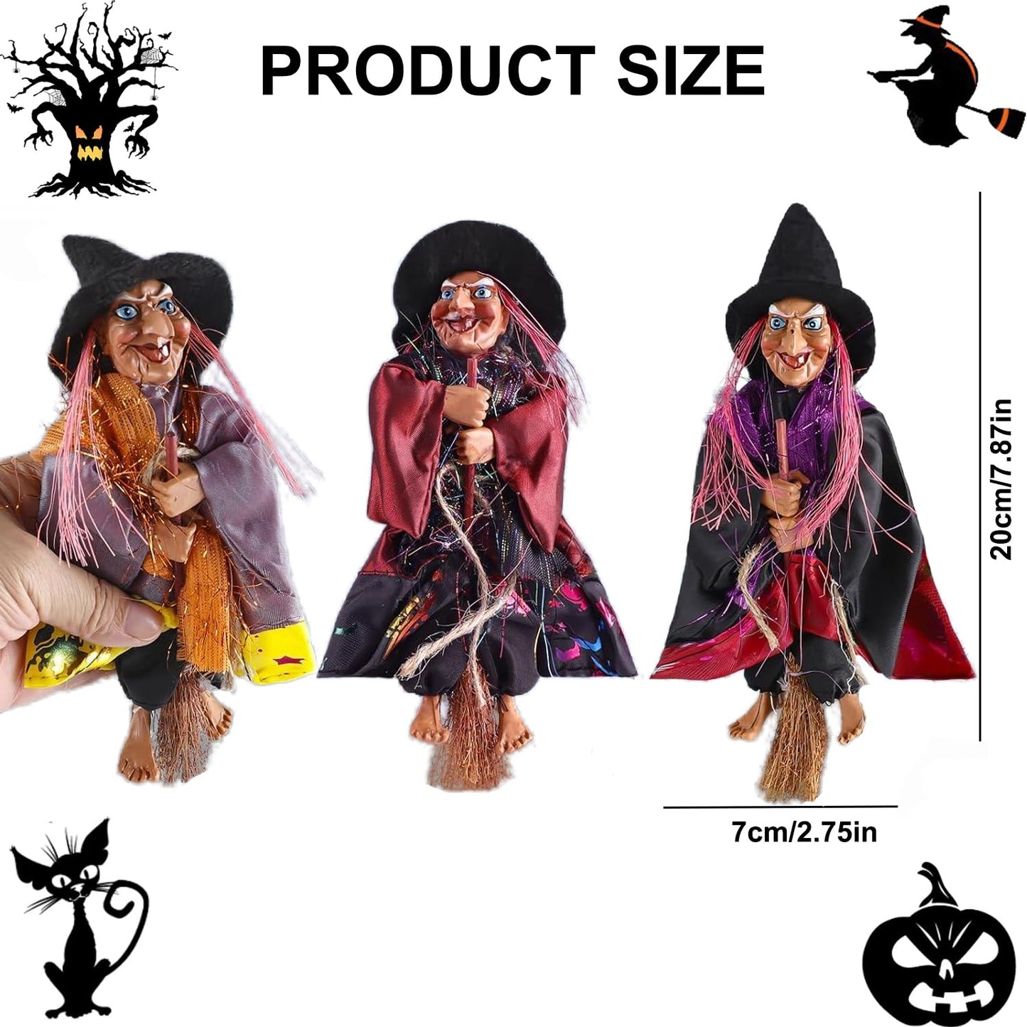 Bonzitoy Halloween Witch Ornaments 3 PCS, 8" Flying Witch Figures on Broomsticks, Haunted House Hanging Props