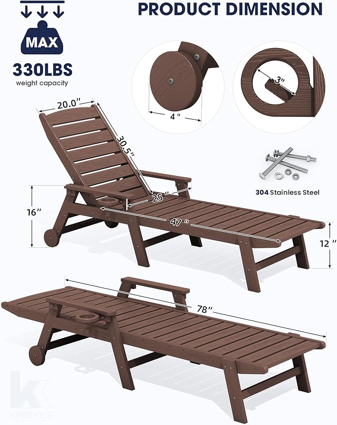 KINGYES HDPE Lounge Chair Outdoor Set of 2, Patio Chaise Lounge Recliner