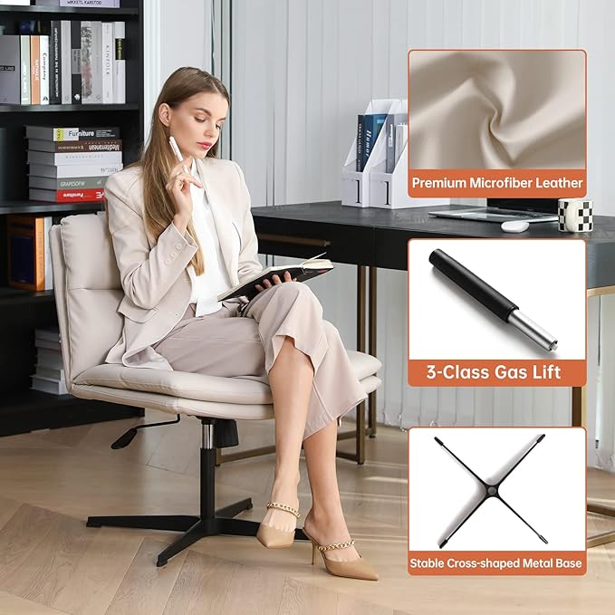EMIAH Armless Office Desk Chair No Wheels PU-Padded Vanity Mid-Back Ergonomic