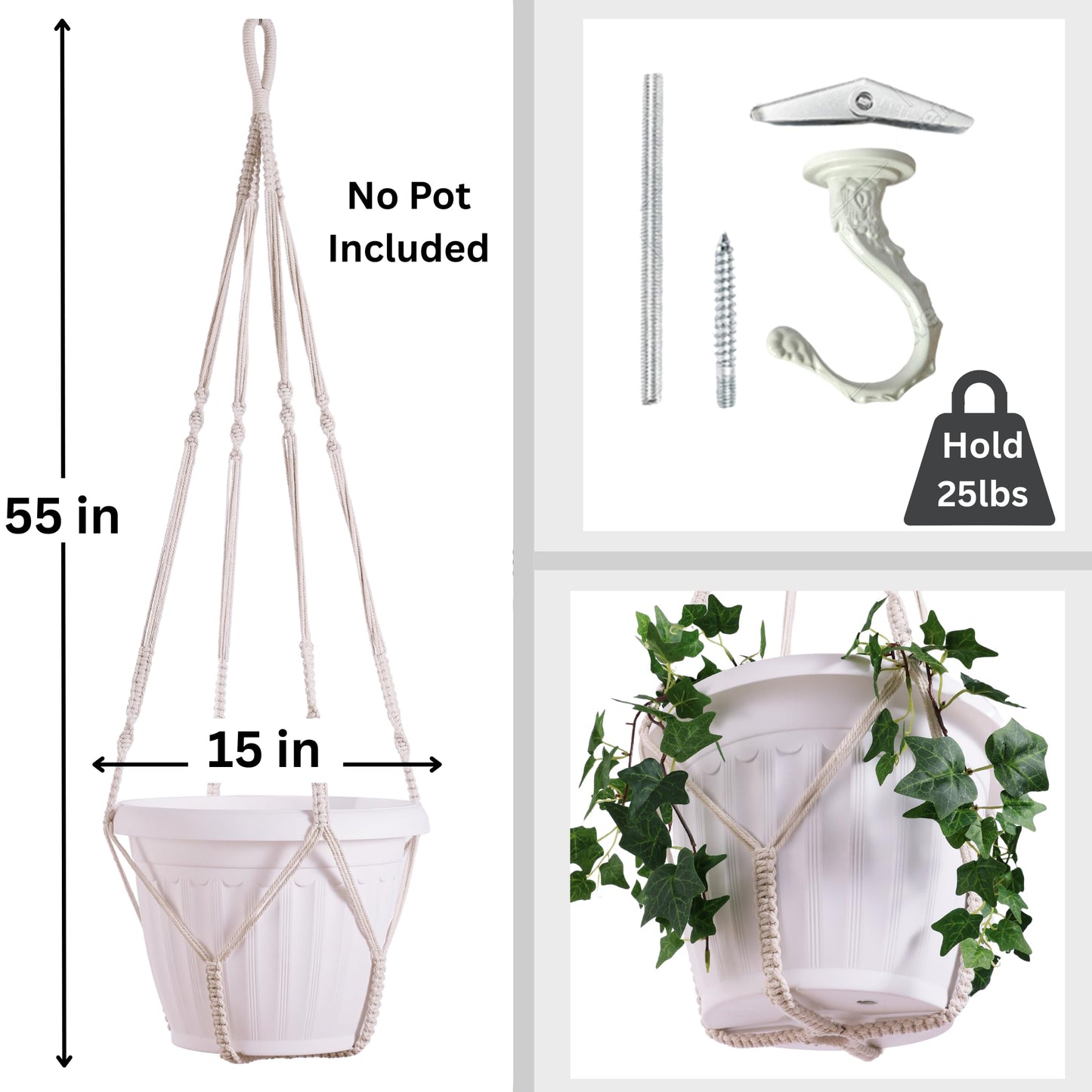 Shineloha Giant XXL 55 Inches Macrame Planter Hanger Large for 15 inch Pot + Swag Hook | Extra Large Hanging Planter for Indoor Plants | No Pot/Plant Included (XXL)