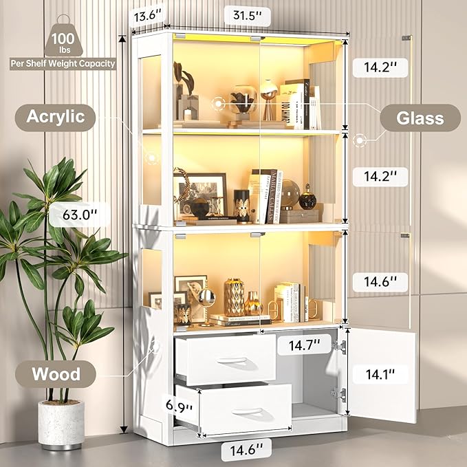 Display Cabinet with Glass Doors, 4-Tier Display Case with 3-Color Lights &