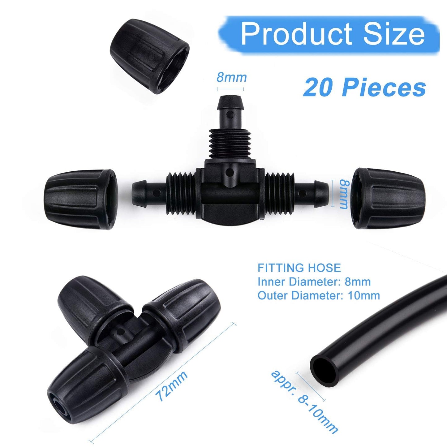 Kalolary Barbed Tee for 5/16 Inch Irrigation Tube, 20PCS Anti-Drop Drip Irrigation Hose Fittings for 8/12mm PE Pipe Micro Spray Lock Drip Irrigation Parts Connectors 3-Way Adapter Watering System