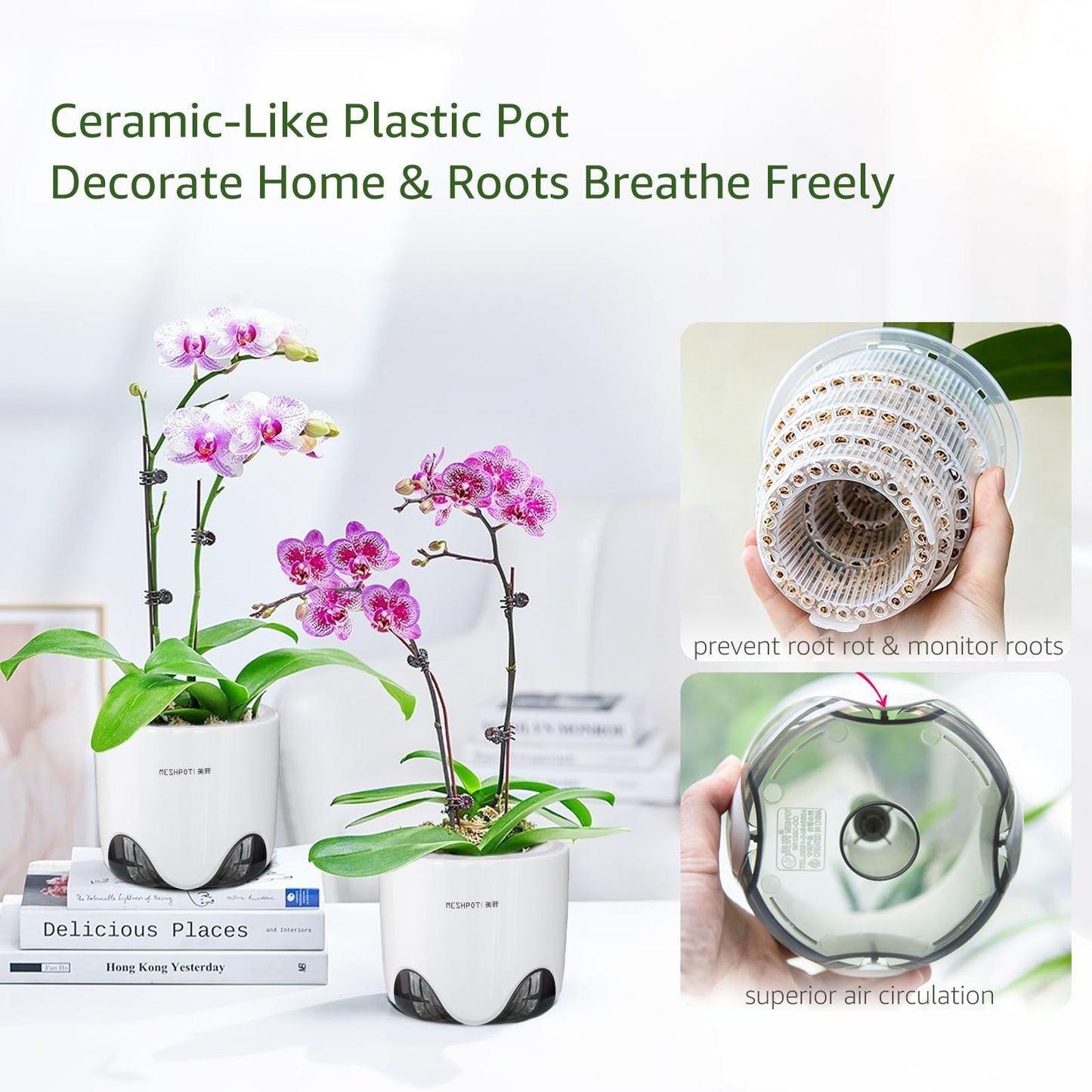 Meshpot 5 inch Orchid Pots with Holes for Repotting with Excellent Airflow, Set of 2, Double Layer Plastic Imitate Ceramic Orchid Planter, Clear Orchid Pot Match Decorative Orchid Container