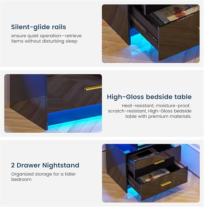 HNEBC Auto LED Nightstand with Wireless Charging Station & USB Ports, High
